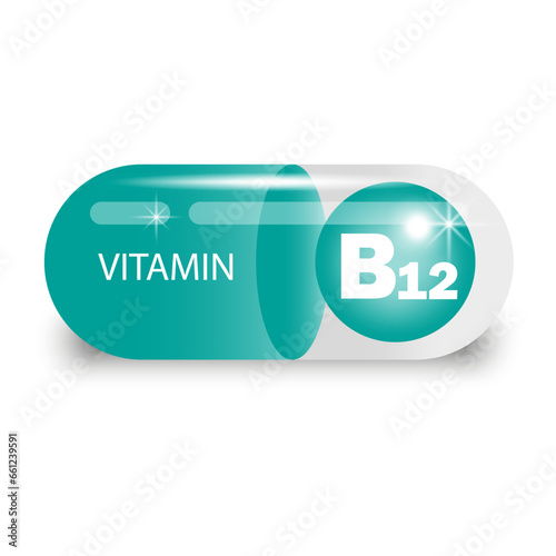 Vitamin B12 in green capsule. Health pill. Vector illustration. EPS 10.