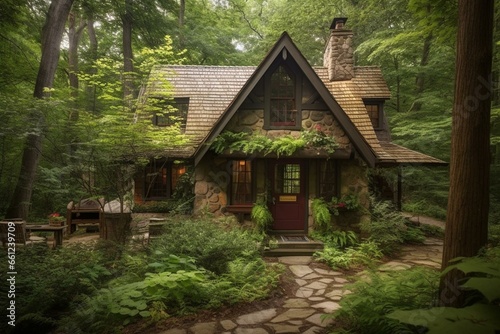 Enchanting cabin surrounded by lush woods, reminiscent of a magical storybook. Generative AI