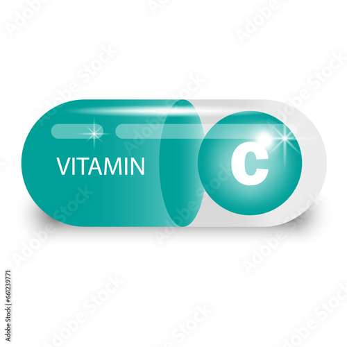 Vitamin C in green capsule. Health pill. Vector illustration. EPS 10.