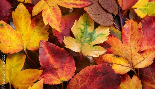 Red and orange autumn leaves background. Colorful background image of fallen autumn leaves perfect for seasonal use