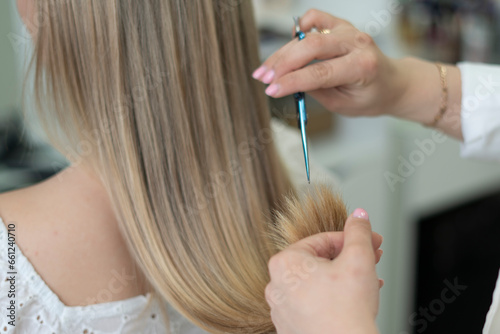 hairdresser cutting woman's hair with scissors in a hair salon