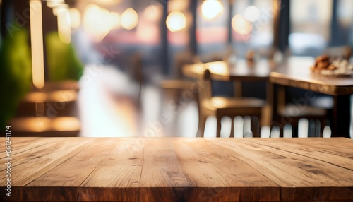 Empty wooden product stage and bokeh lights blurred the outdoor cafe background