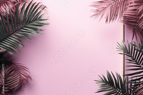 Pink palm plant border with botanical frame on contemporary background. Copy-space available. Generative AI
