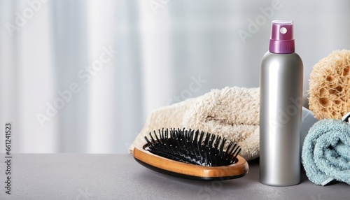 Dry shampoo spray  towels  hair brush on a light grey surface  blurry background