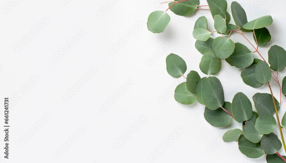 Top view green eucalyptus leaves on isolated white background with copy space