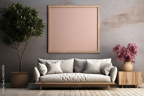 In the interior of a contemporary minimalist room, frame mockup placed elegantly on the wall, generrative AI photo