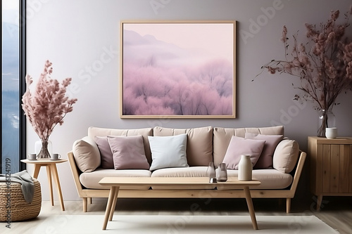 In the interior of a contemporary minimalist room  frame mockup placed elegantly on the wall  generrative AI