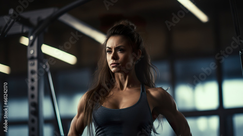A fitness woman training for bodybuilding in strength and dedication in the gym. Beautiful bodybuilder woman with sculpted muscles in constant search for a healthy life.
