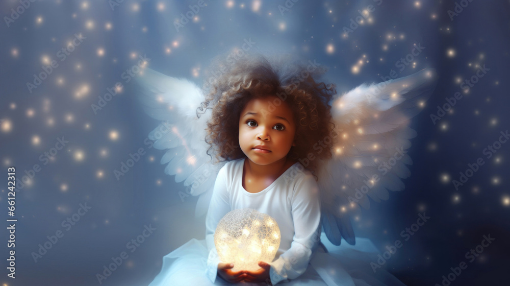 Fototapeta premium Girl angel with big white wings in white clothes on blue glowing background