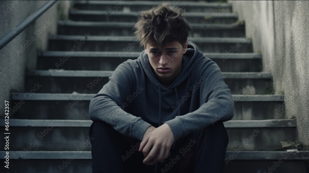 Sad teenage boy sitting on the stairs.