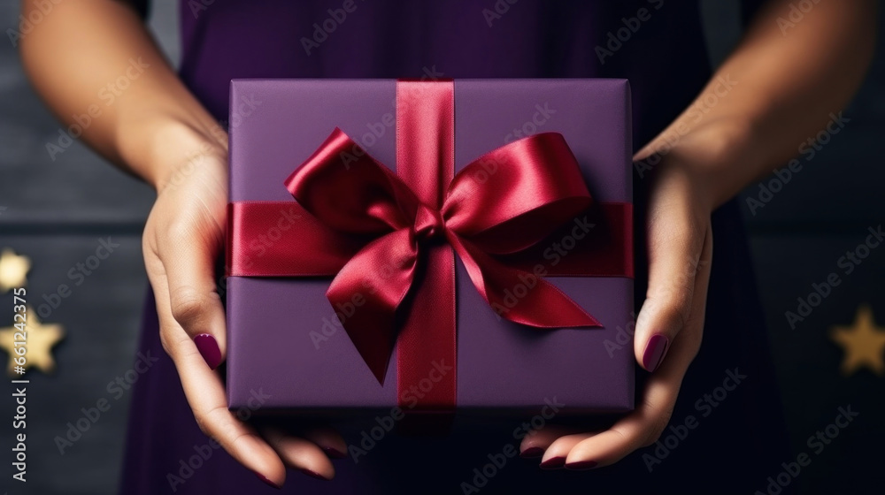A woman's hands hold a purple gift box with a red bow and ribbons A woman's hands hold a purple gift box with a red bow and ribbons