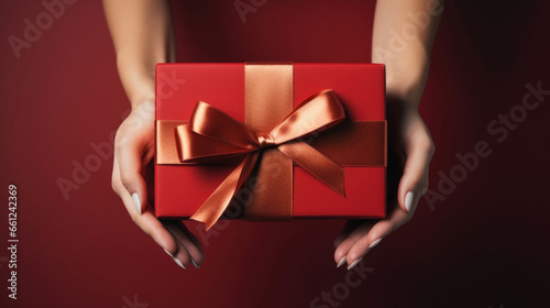 A woman's hands hold a red gift box with a bronze bow and ribbons