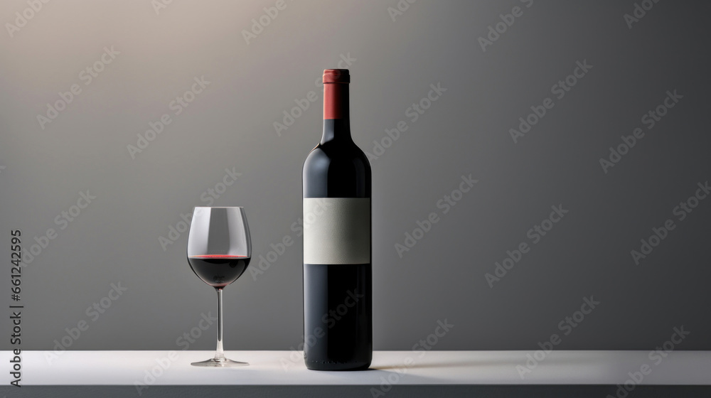 Red wine bottle with a glass on a simple gray empty background Red wine bottle with a glass on a simple gray empty background