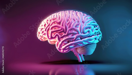 Human brain with neon lights on dark background