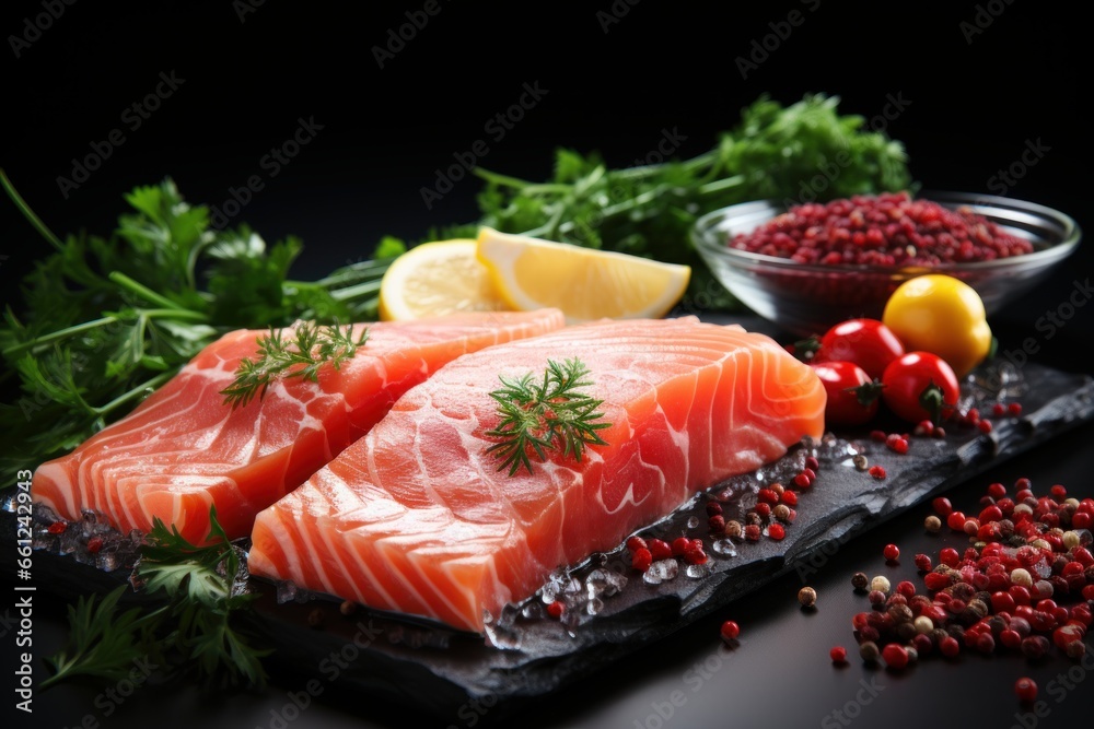Raw tuna fish on black background