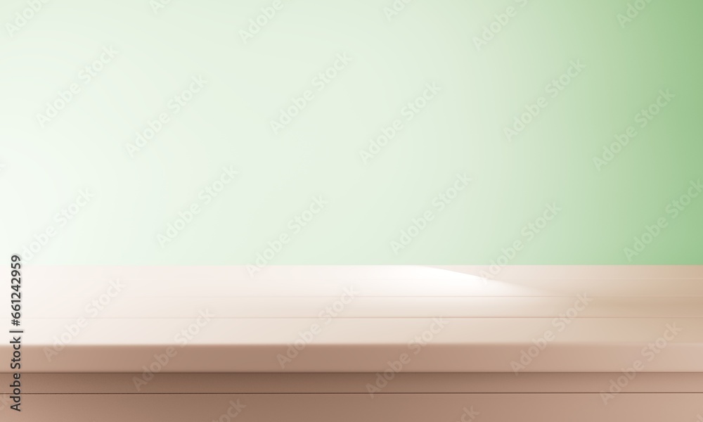 Wooden table in a dimly lit room with blurred white wall and plants background. 3d illustration. Wooden table in a dimly lit room with blurred white wall and plants background. 3d illustration.