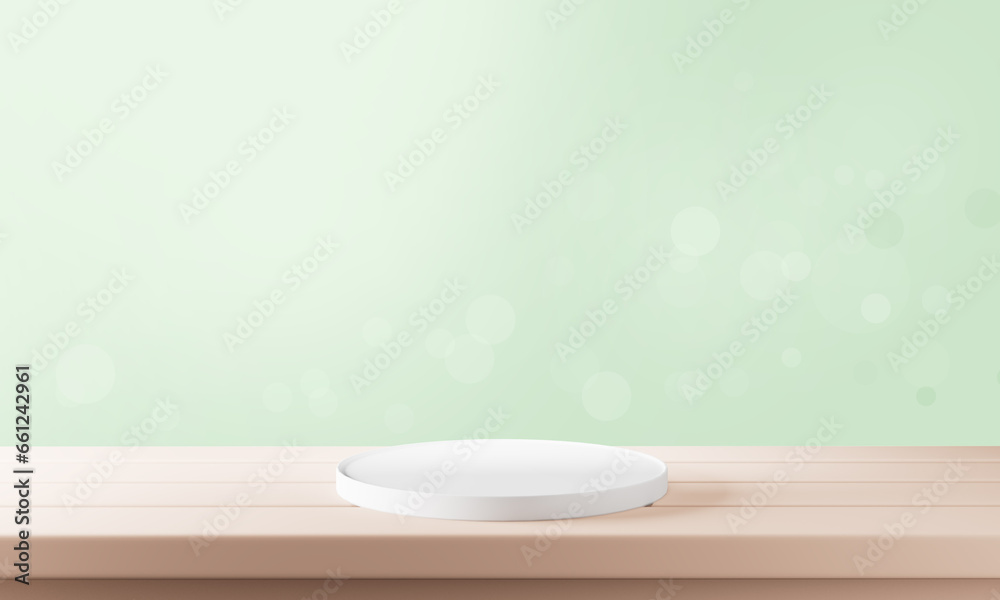 Wooden table in a dimly lit room with blurred white wall and plants background. 3d illustration. Wooden table in a dimly lit room with blurred white wall and plants background. 3d illustration.