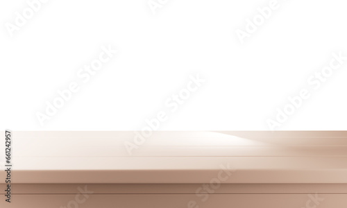 Wooden table in a dimly lit room with blurred white wall and plants background. 3d illustration.