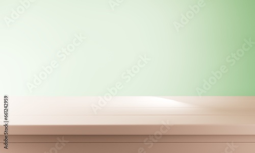Wooden table in a dimly lit room with blurred white wall and plants background. 3d illustration.