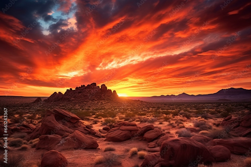 A stunning desertscape during a dramatic sunset, showcasing vibrant shades of red and orange. Generative AI