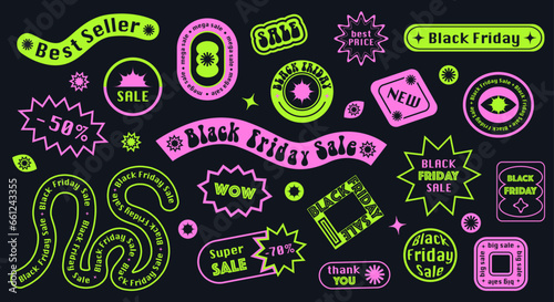 Black friday sale groovy  stickers set  in pink and green acid colors
