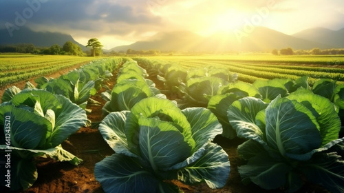 Full bloom Cabbage organic farm in the morning with sun rise. Created using generative AI.