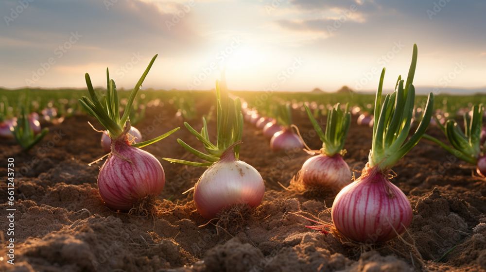 Full bloom onion organic farm in the morning with sun rise. Created using generative AI. - obrazy, fototapety, plakaty 