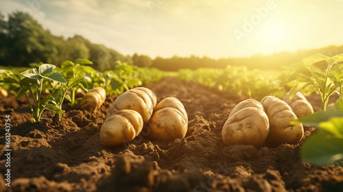 Full bloom potato organic farm in the morning with sun rise. Created using generative AI.