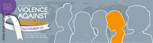 Long horizontal Banner for International Day for the Elimination of Violence Against Women. Women of different ethnic groups together. modern flat vector illustration