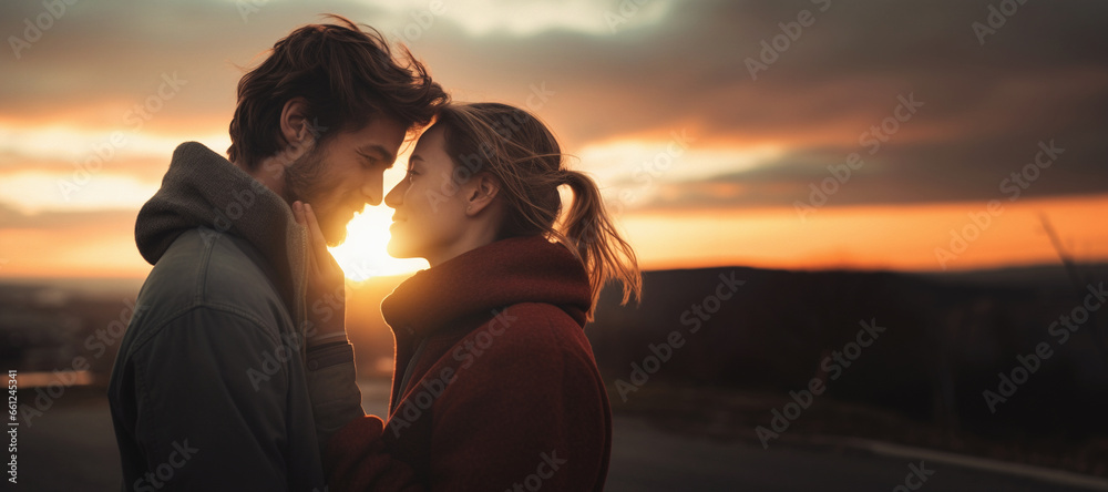 Young couple in love, outdoor romantic and kissing while posing with sunset. Valentine concept of loving young couple hugging and smiling together on blurred nature background. - obrazy, fototapety, plakaty 