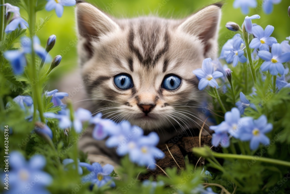 Striped grey kitten in blue flowers