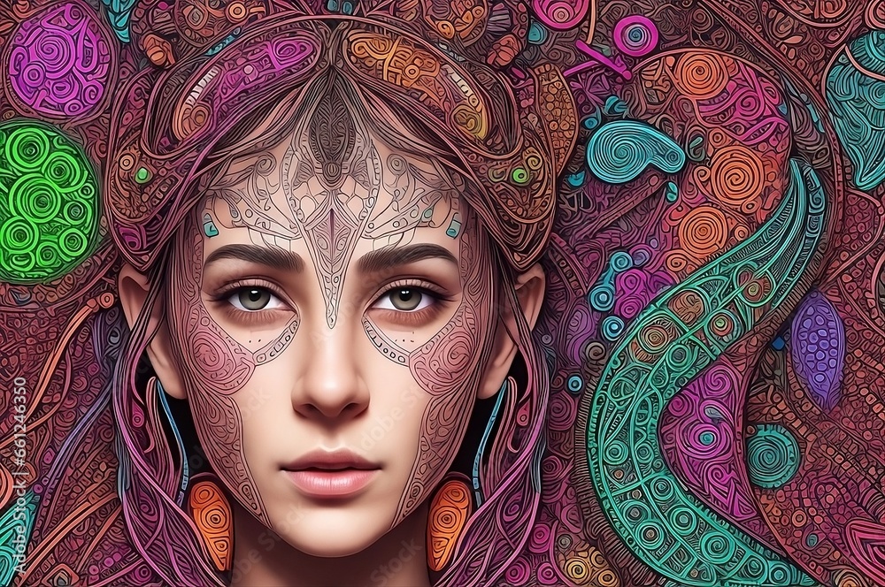 A blend of woman and machine in vivid colors A blend of woman and machine in vivid colors