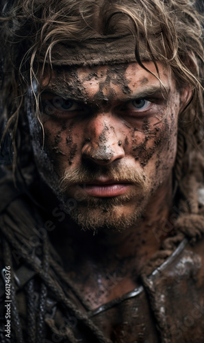 A portrait of a young Germanic tribesman in battle. Young angry man with wild eyes in battle amid wet terrain mud.