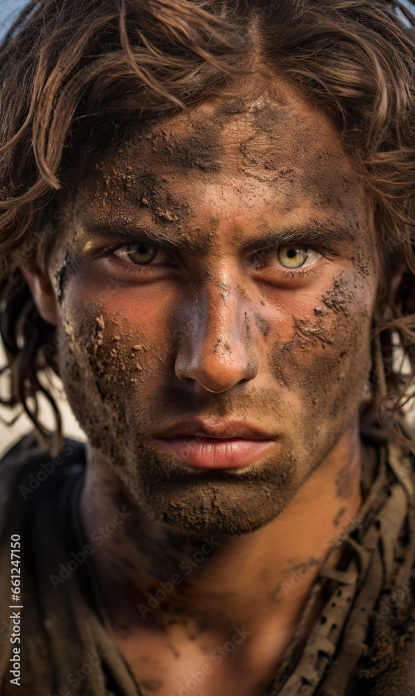 A portrait of a young Israeli tribesman in battle. Young angry man with wild eyes in battle amid wet terrain mud. Battle for territory.