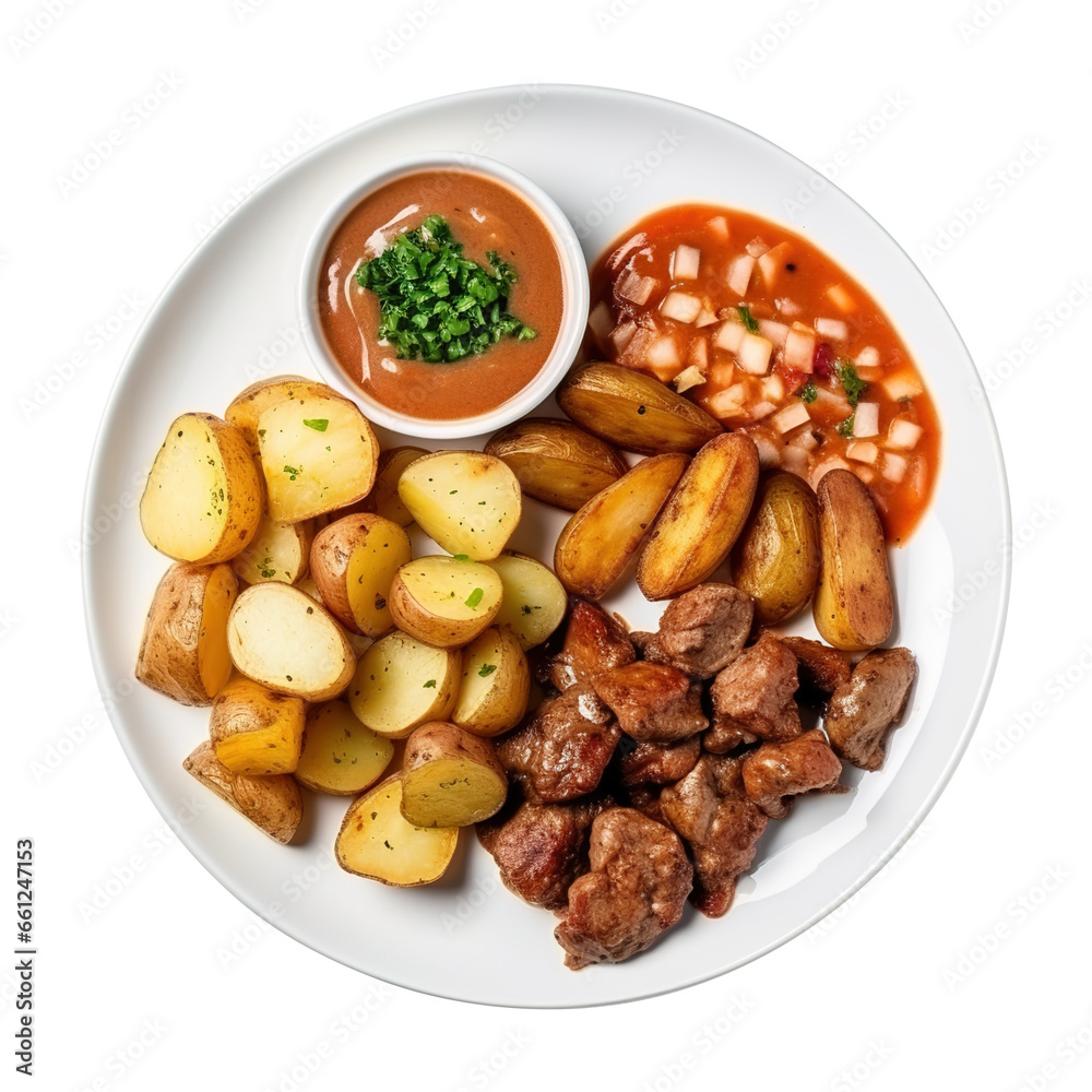 potatoes meat with vegetables and sauce on a plate isolated on transparent background Remove png, Clipping Path potatoes meat with vegetables and sauce on a plate isolated on transparent background Remove png, Clipping Path