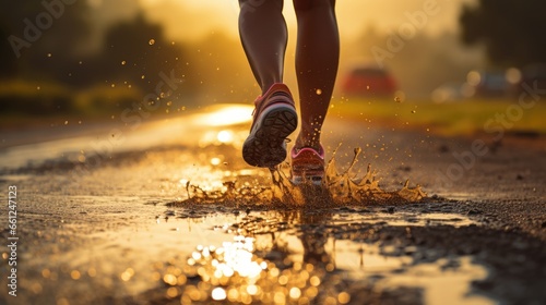 running feet for exercise of the athlete in the morning sunrise. 