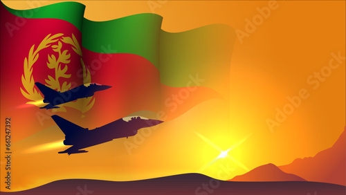 fighter jet plane with eritrea waving flag background design with sunset view suitable for national eritrea air forces day event photo