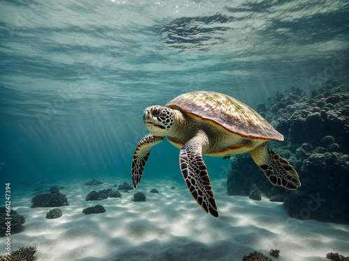 Elegance sea turtle swimming undersea