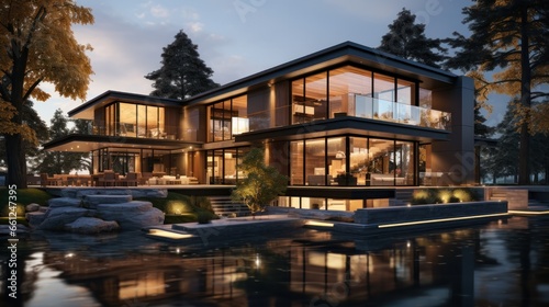 3d rendering of modern house by the river at evening, house, luxury, villa, modern, architecture, building, exterior, residential, property, designer