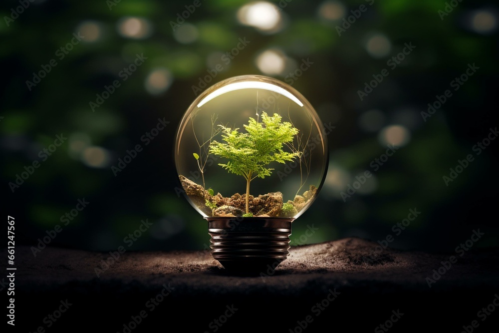 A plant in a light bulb with a tree reflection and dark background. Generative AI - obrazy, fototapety, plakaty 