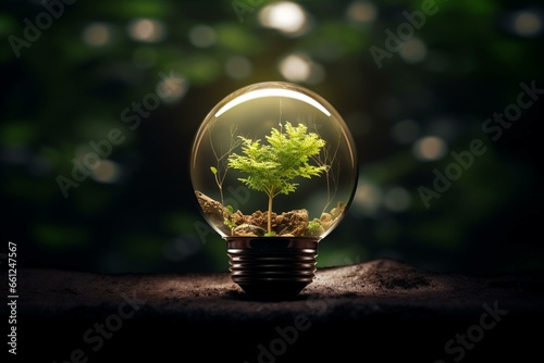 A plant in a light bulb with a tree reflection and dark background. Generative AI photo