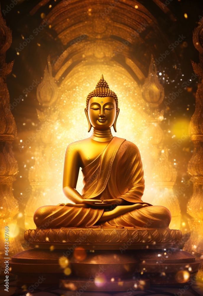 An abstract image featuring a shimmering golden Buddha as the background, exuding an aura of tranquility and enlightenment.