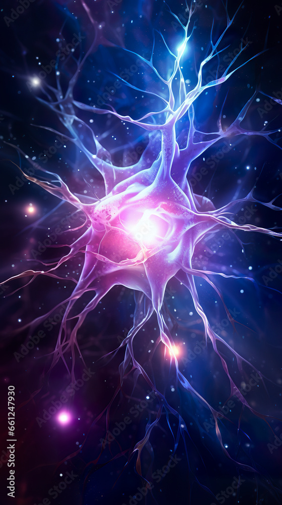 Abstract close-up of a brain neuron. Human brain neural network illustration. Active nerve cells. Conceptual illustration of neuron cells with glowing link knots.