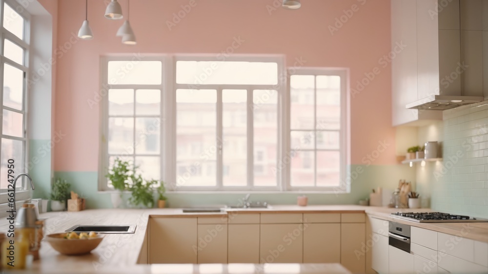 Fototapeta premium blurred modern kitchen interior with fireplace