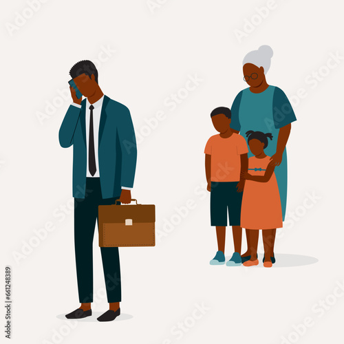 Busy Black Working Father With Handphone Neglected His Children And Leaving Them To Their Grandmother To Take Care. Full Length. Flat Design.