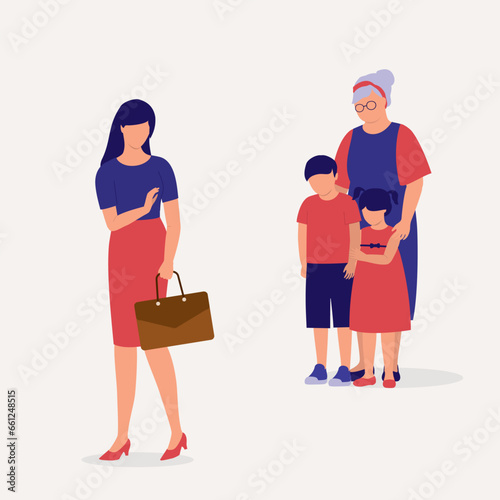 Working Mother Waving Goodbye To Her Children And Leaving Them With Their Grandmother To Take Care. Full Length. Flat Design.
