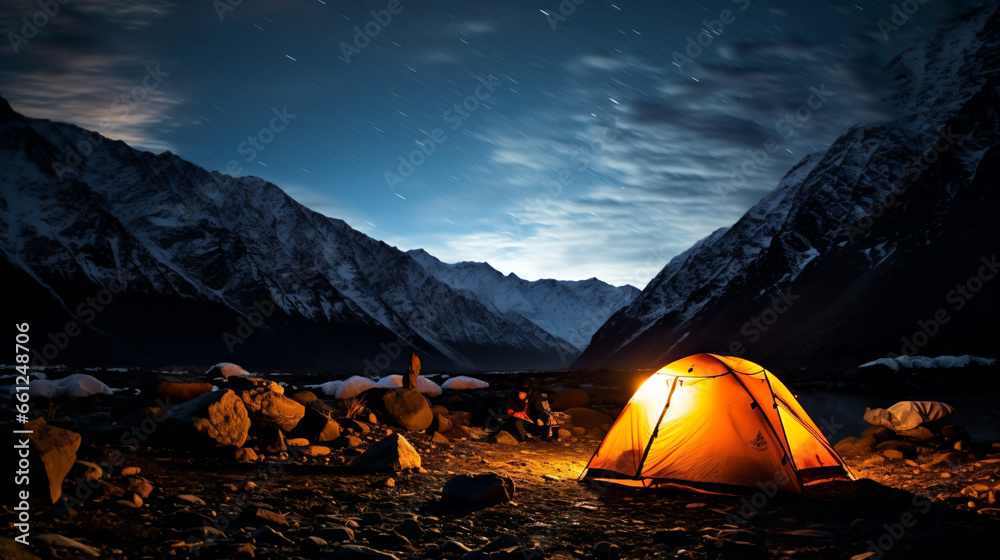 きれいな星空の下のキャンプ　明かりのついたオレンジのテント