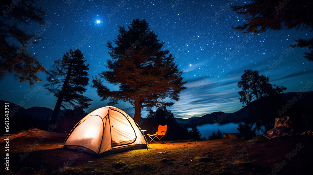 きれいな月と星空の下のキャンプ　明かりのついたテント