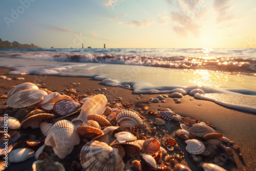 A collection of seashells on a sandy beach creates a scenic horizon view perfect for outdoor enthusiasts and nature lovers. The beauty of nature is captured in this coastal landscape. AI Generative.