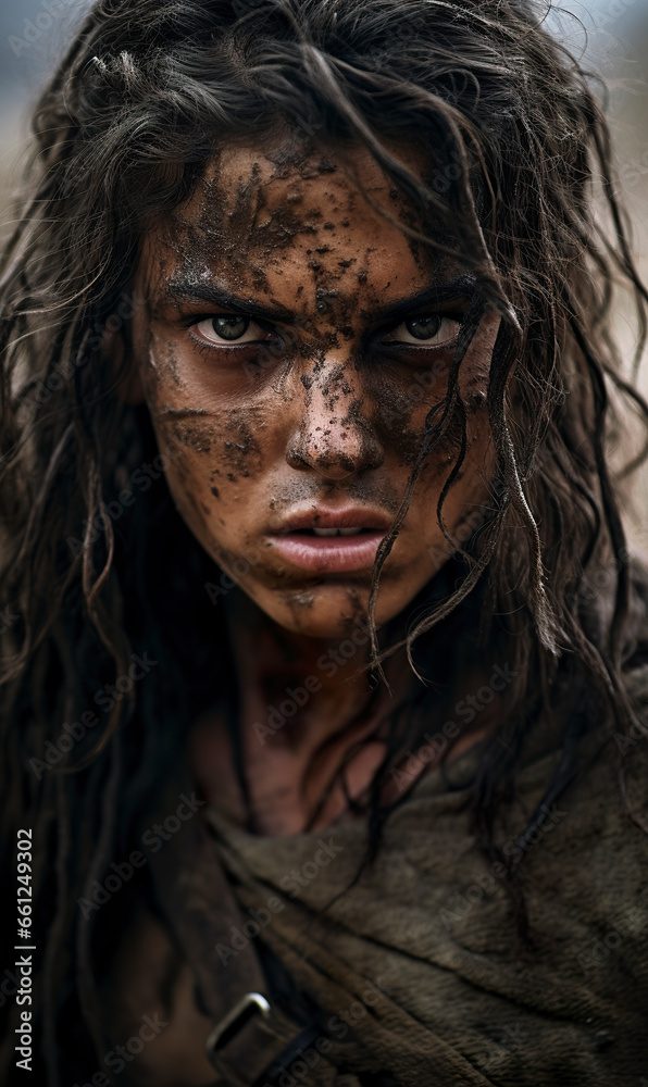 A portrait of a young Israeli tribeswoman in battle. Young angry woman with wild eyes in battle amid wet terrain mud. Battle for territory.